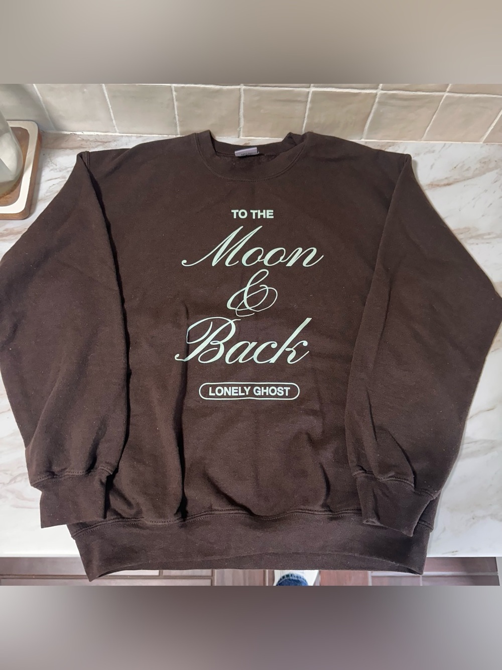 LONELY GHOST Brown Crewneck with Mint Script Graphic